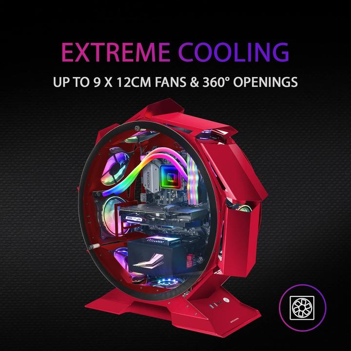 Actual product image Mars Gaming MCORB Red Micro-ATX XL Gaming PC Case Custom Circular Design Double Tempered Glass (mATX, Mini-ITX)