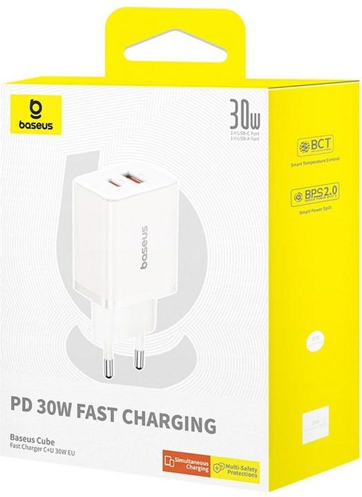 Image du produit Baseus Cube, 30W, 2.4A, 1 x USB-A - 1 x USB-C, blanc (30 W, 2 ports)