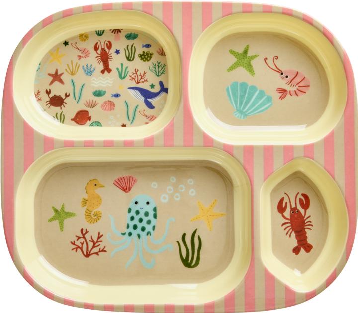 Rice - Melamine Kids 4 Room Plate - Coral Ocean Print - Coral