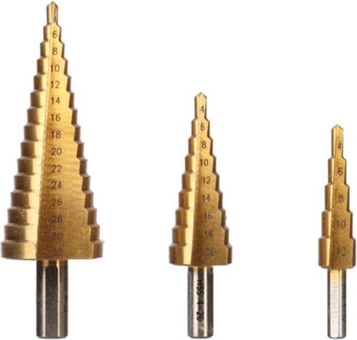 Actual product image Power tools & accessories HSS STEP DRILL - TITANIUM COATED - 3 pcs (4 - 12, 4 - 20, 4 mm - 32 mm)