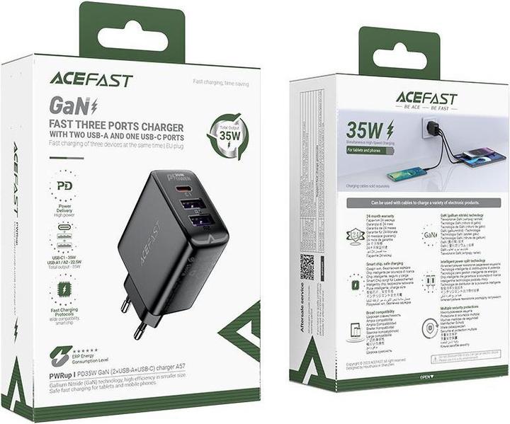 Produktbild Acefast A57 PD 35W GaN-Ladegerät 2 x USB-A + USB-C mit 3 Anschlüssen – Schwarz (35 W, 3 Ports)