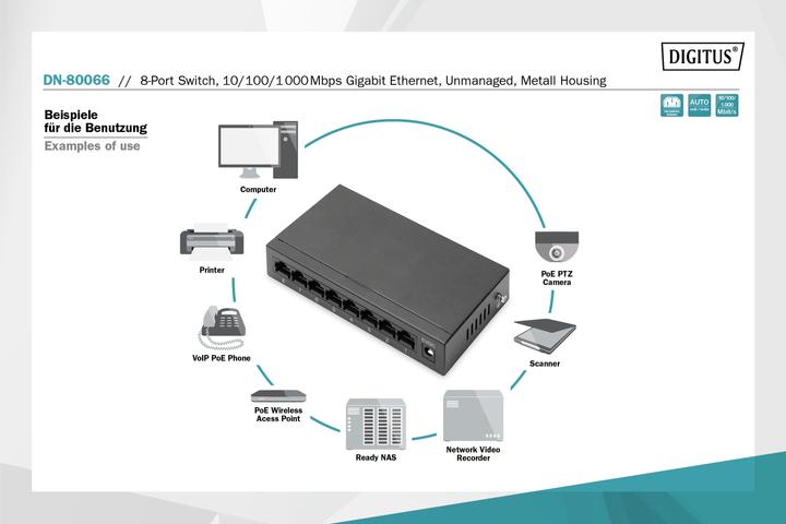 Produktbild Digitus 8-Port Gigabit Switch, Desktop, Unmanaged, Metallgehäuse (8 Ports)