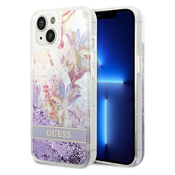 Guess GUHCP14SLFLSU iPhone 14 6,1" fioletowy/purple hardcase Flower Liquid Glitter (Apple iPhone 14), Smartphone Hülle, Violett