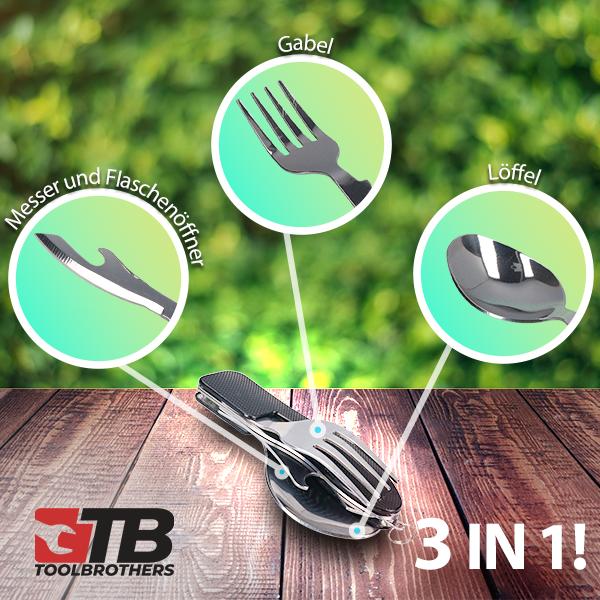 Produktbild Tool Brothers Toolbrothers 4 in 1 Multifunktions - Besteck Set in schwarz aus Löffel, Messer, Gabel, Flaschenöffne
