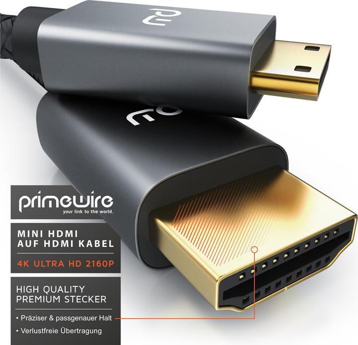 Image du produit Primewire Câble mini HDMI vers HDMI, Type C vers Type A, câble adaptateur miniHDMI 4K 3840 x 2160 @ 60 Hz (5 m, HDMI)
