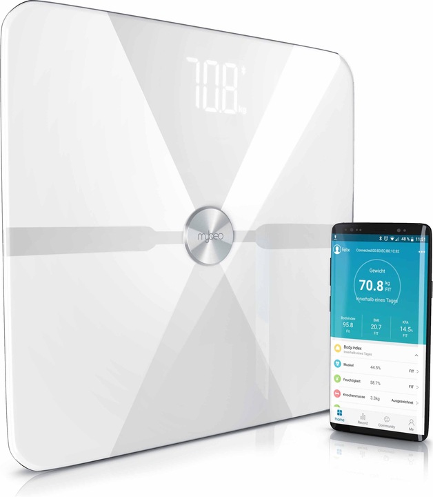 Mybeo Körperfettwaage, Digitale Bluetooth Körper Analyse Waage, Diagnosewaage mit App-Steuerung, weiss (180 kg)