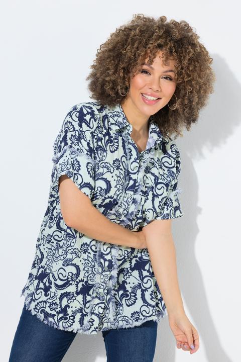 Immagine prodotto Ulla Popken Musselinbluse, Blätter, Oversized, Halbarm, Fransensaum (58)