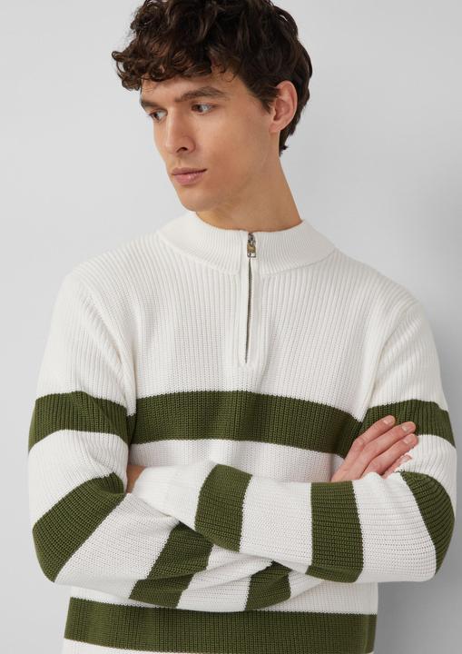 Produktbild s.Oliver Strickpullover Gestreifter Baumwoll-Strickpullover mit Troyer-Kragen (M)