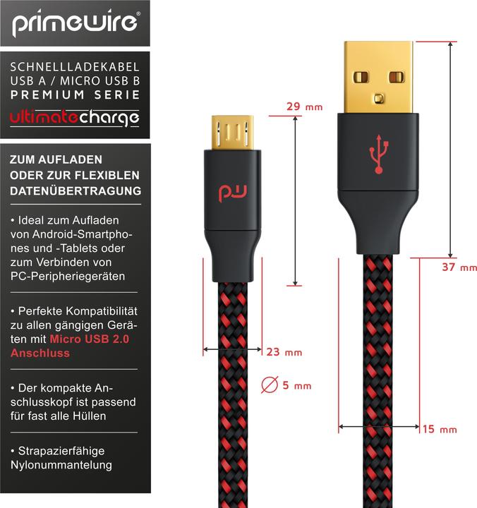 Immagine prodotto Primewire Cavo da Micro USB 2.0 a USB Tipo A, UltimateCharge Cavo di ricarica rapida MicroUSB 2.0 con (5 m, USB 2.0)