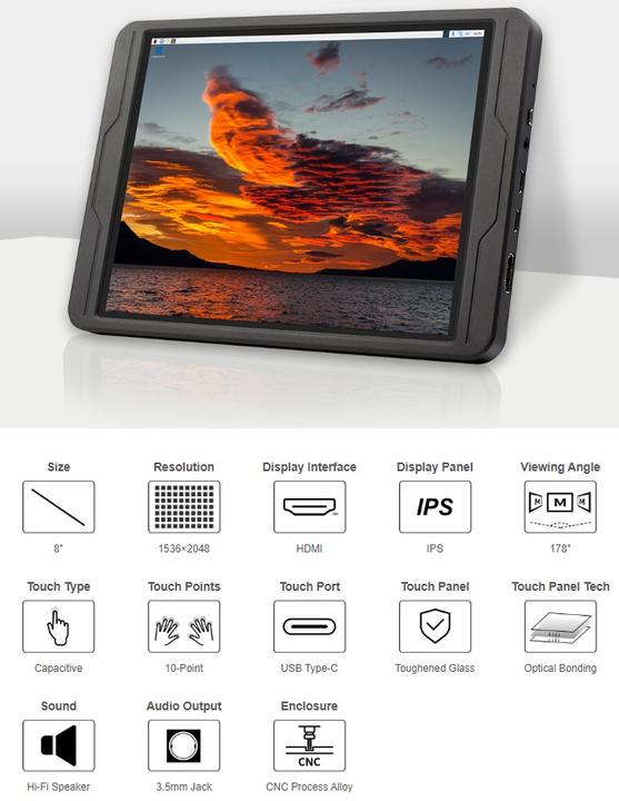 Actual product image WaveShare 8inch HDMI 1536x2048 IPS Capacitive Touch Screen with Aluminium Housing