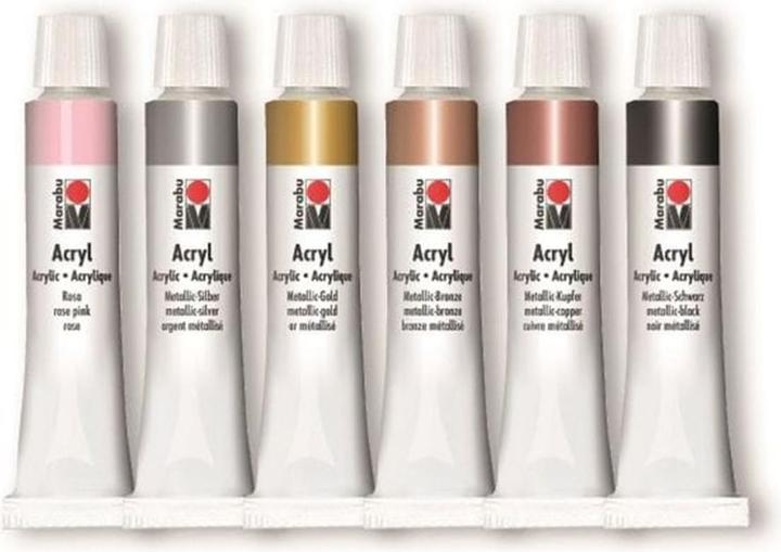Produktbild Marabu Acrylfarbe Shiny Clas (Metallic-Gold, Metallic-Bronze, Metallic-Kupfer, Metallic-Schwarz, Metallic-silber, Metallic-Rosé, 72 ml)