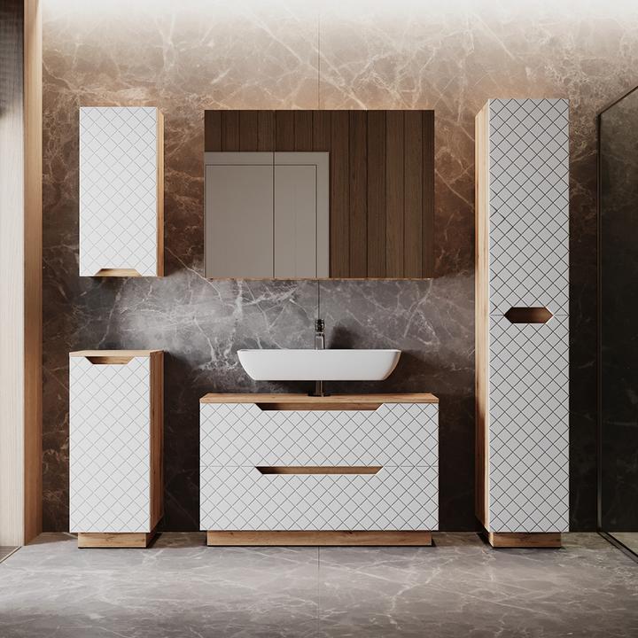 Actual product image Vicco Waschbeckenunterschrank Lotta, Eiche/Weiss mit Kachelstruktur, 99.4 x 62.5 cm mit 2 Schubladen (99.40 x 32 x 62.50 cm)