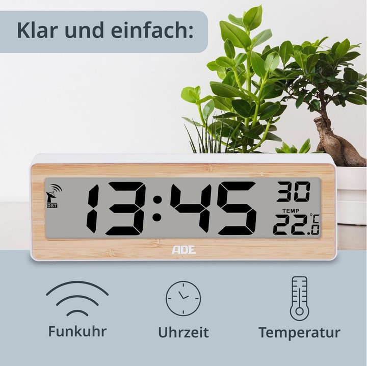 Produktbild ADE Funkuhr DCF mit XXL-Ziffern digital Bambus-Weiss, Form