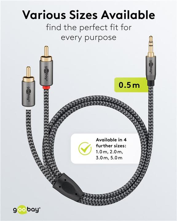 Produktbild Goobay Audio Adapterkabel AUX, 3,5-mm-Klinke zu Stereo-Cinch-Stecker, 0,5 m, Sharkskin Grey (0.50 m, 3.5mm Klinke (AUX), Cinch)