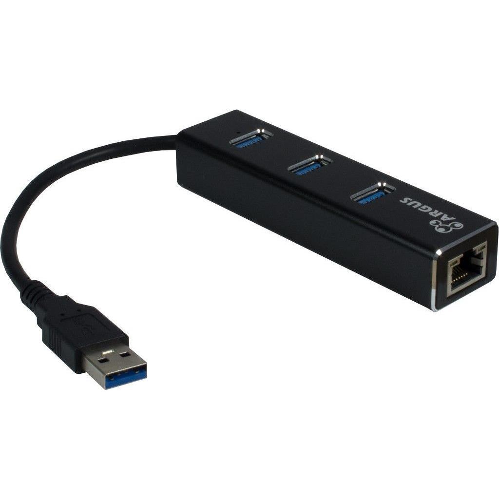 Intertech ARGUS IT-310 Adattatore USB 3.0 - GbitLAN incl. 3x hub USB 3.0 (USB-C, 4 porte), Docking station + Hub USB, Nero