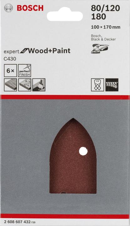 Produktbild Bosch Professional Zubehör Schleifblatt C430, 100 x 170 mm, 2 x 80, 2 x 120, 2 x 180, 4 Löcher, 6er-Pack (120, 180, 80)