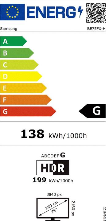 Etichetta energetica Samsung BE75FX-H Smart Signage TV 189,23 cm 74,5 Zoll (3840 x 2160 pixel, 75")