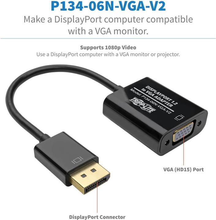 Actual product image Eaton DisplayPort to VGA Active Adapter Video Converter DP ver 1.2 M/F 6inch 15.24cm (VGA, 4.19 cm)