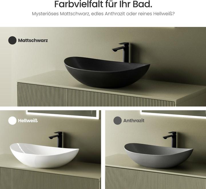 Produktbild Emke Aufsatzwaschbecken 615 x 360 x 155 mm, Oval, Keramik, Aufsatzmontage, Mattschwarz (360 mm, 615 mm)