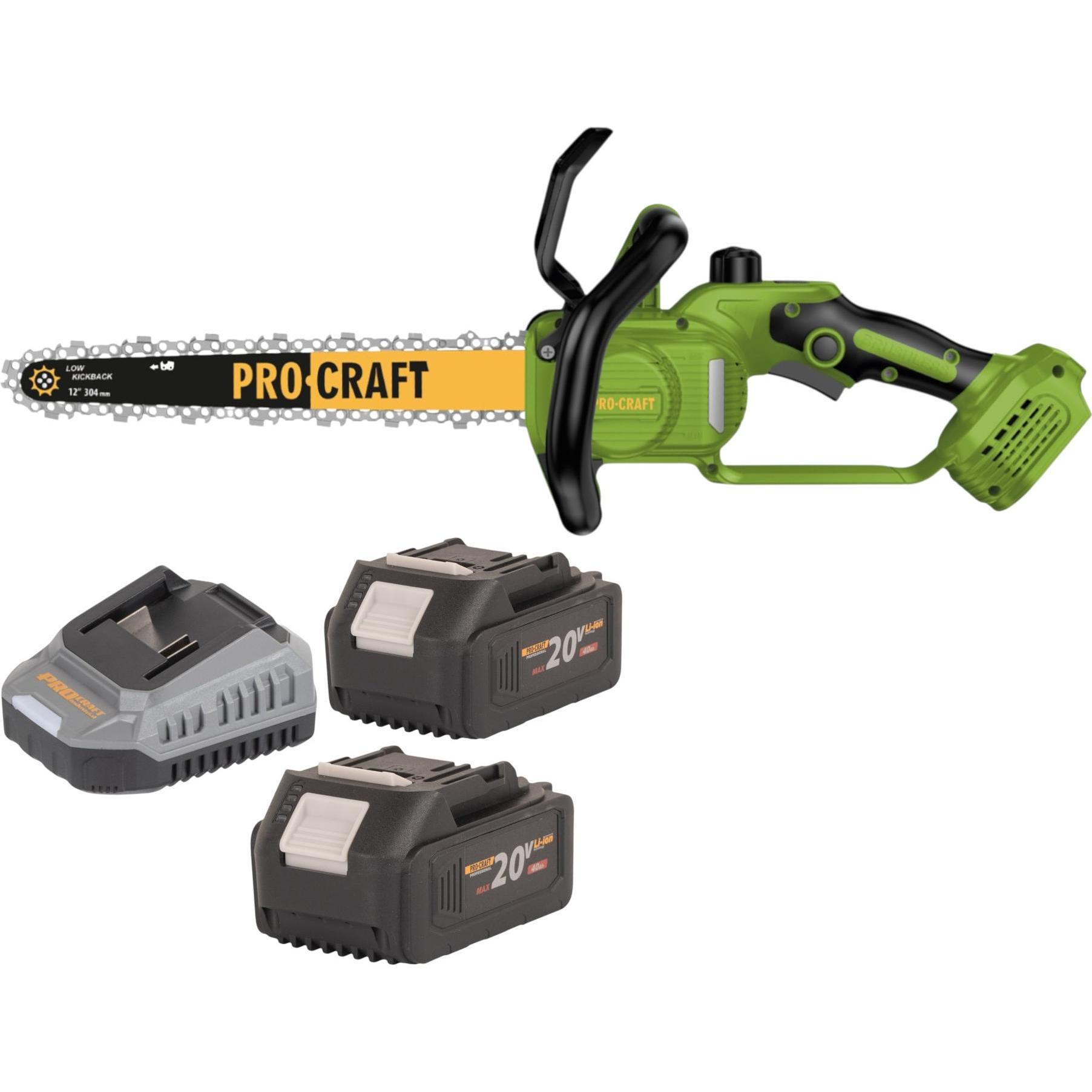Procraft, Motosega, PKA33-BB Akku Kettensäge 20 V 304 mm Brushless + 2x Akku 4,0 Ah + Ladegerät