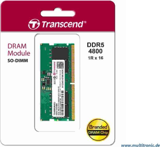 Produktbild Transcend 16GB JM DDR5 4800 SO-DIMM 1RX8 (1 x 16GB, 4800 MHz, DDR5-RAM, SO-DIMM)