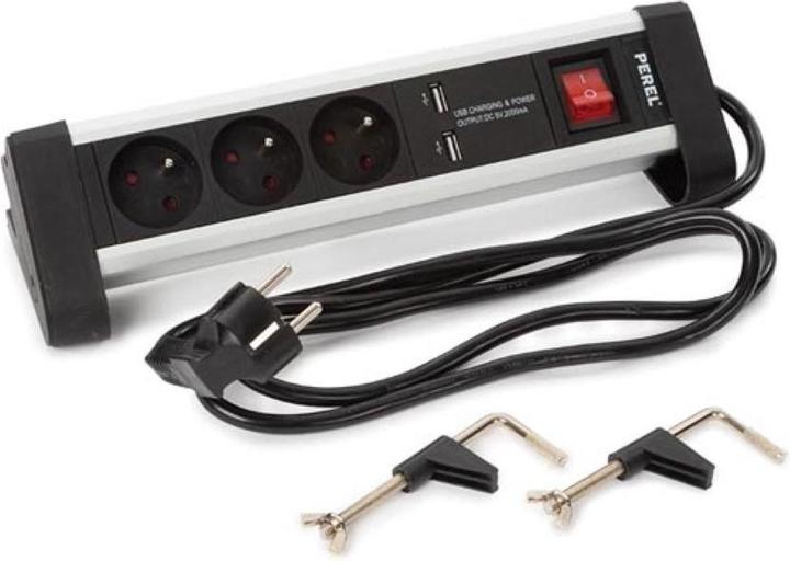 Productafbeelding Velleman 3-Voudige Tafelcontactdoosstrip Met 2 Usb-Poorten - 2,4 A - Stekker Type E (Frans Systeem) (3x, CEE 7/5, 1.40 m)