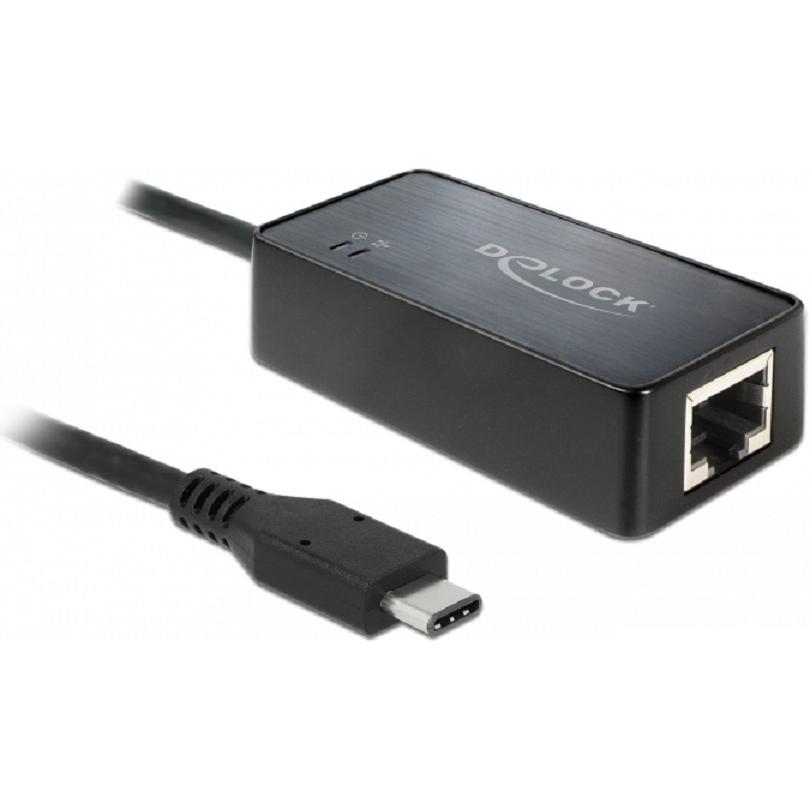 Delock USB Typ-C zu (USB, RJ45 (1x)), Netzwerkadapter, Schwarz