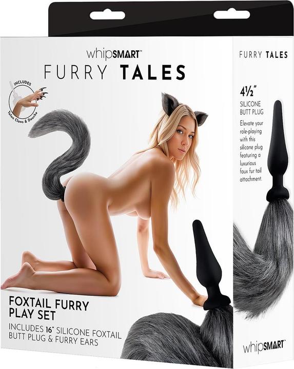 Actual product image Xgen Products whipsmart 4.5 inch silicone plug with grey indigo fox tail set