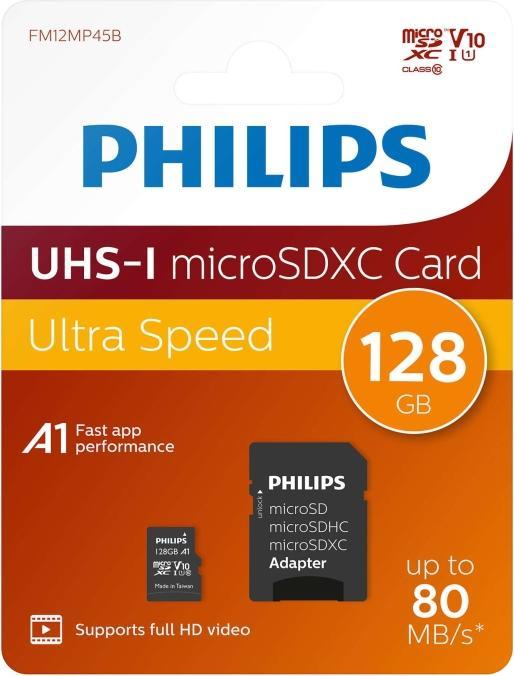 Image du produit Philips MicroSDXC Class 10 UHS-I U1 avec adaptateur (128 Go, microSDXC, U1, UHS-I)