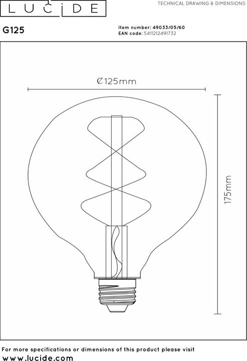 Immagine prodotto Lucide G125 - Lampada a filamento - Ø 12,5 cm - LED Dim. - E27 - 1x5W 2700K - Trasparente 49033/05/60 (E27, 460 lm, 1 x)
