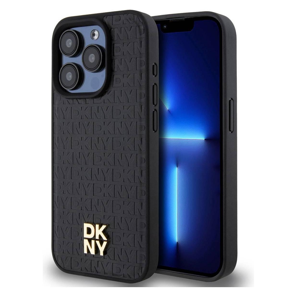 Dkny DKHMP15XPSHRPSK IPhone 15 Pro Max 6.7" Czarny/black Hardcase Leather Monogram Pattern Metal Log (Apple IPhone 15 Pro Max), Smartphone Hülle,