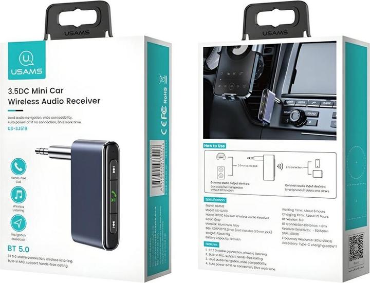 Actual product image Usams Adapter audio Bluetooth 5.0 - jack 3.5mm szarygrey SJ519JSQ01 US-SJ519 (Receiver)