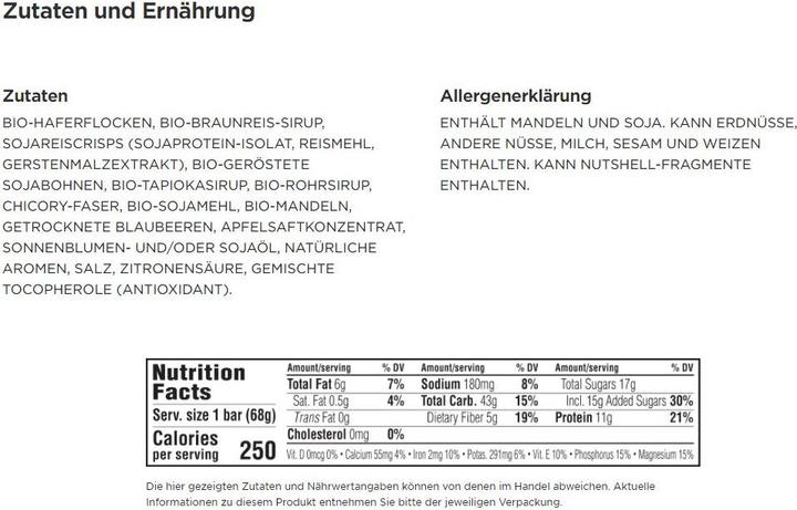 Nutritional values and ingredients Clif Bar Blueberry Almond Crisp (1 pcs., 68 g)