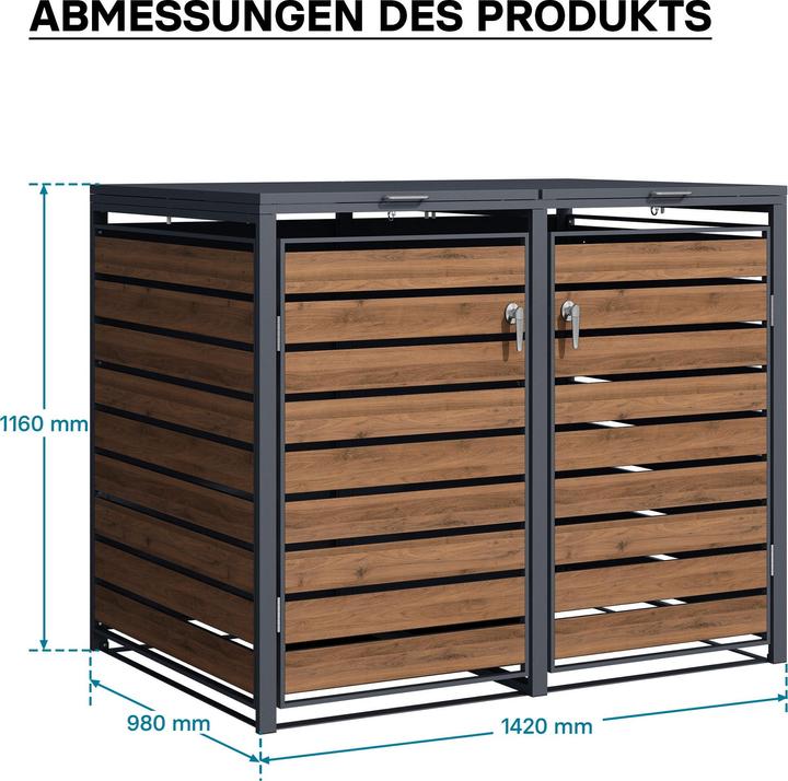 Produktbild Wiltec Mülltonnenbox für zwei Tonnen Holzoptik Klappdeckel Mülltonnenverkleidung