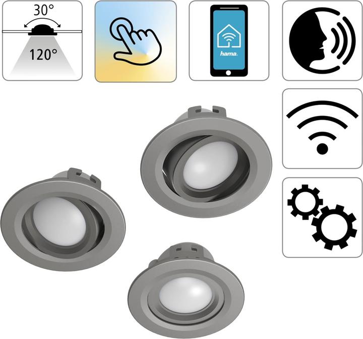 Produktbild Hama WLAN LED-Einbauspot, 5W, per Sprache/App steuern, verstellbar, 3er, S-Nick. (380 lm)