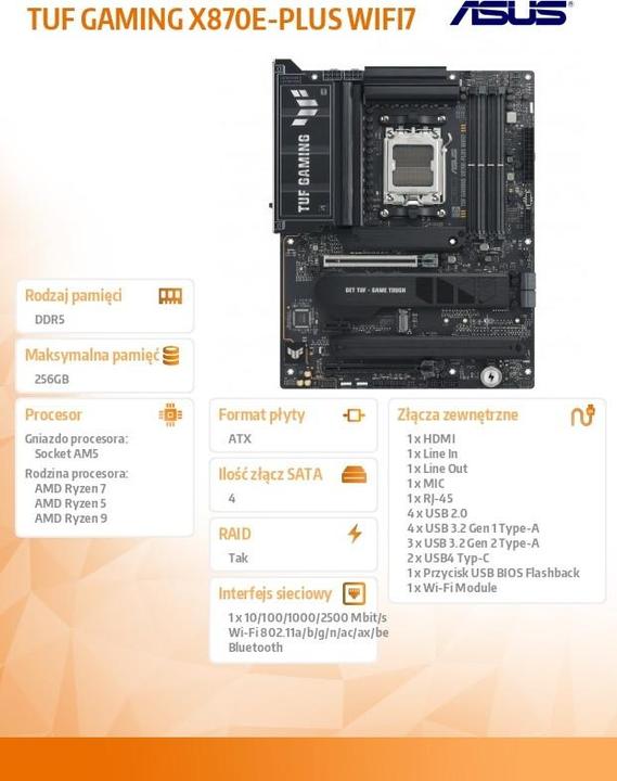 Image du produit ASUS TUF Gaming X870E-Plus WIFI7 (AM5, AMD X870E, ATX)