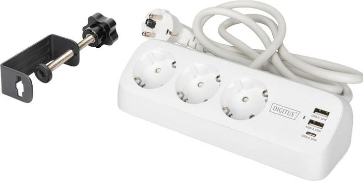 Productafbeelding Digitus 3-fach Office-Steckdosenleiste mit 2x USB-A und 1x USB-C Anschlüssen, Weiss (3x, CEE 7/3, USB-A, USB-C, 1.50 m)