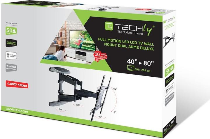 Produktbild Techly Befestigungskit (voll bewegliche Wandhalterung) - für Flachbildschirm - Schwarz (Wand, 80", 50 kg)