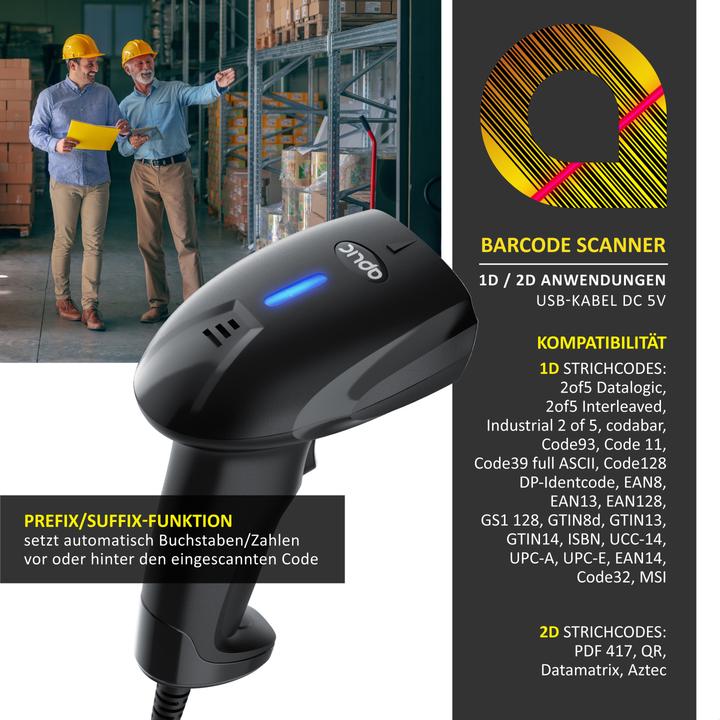 Produktbild Aplic Barcodescanner kabelgebunden USB, manuell/auto, Standhalterung Handscanner, hochauflösend, Plug&Play (2D-Barcodes)