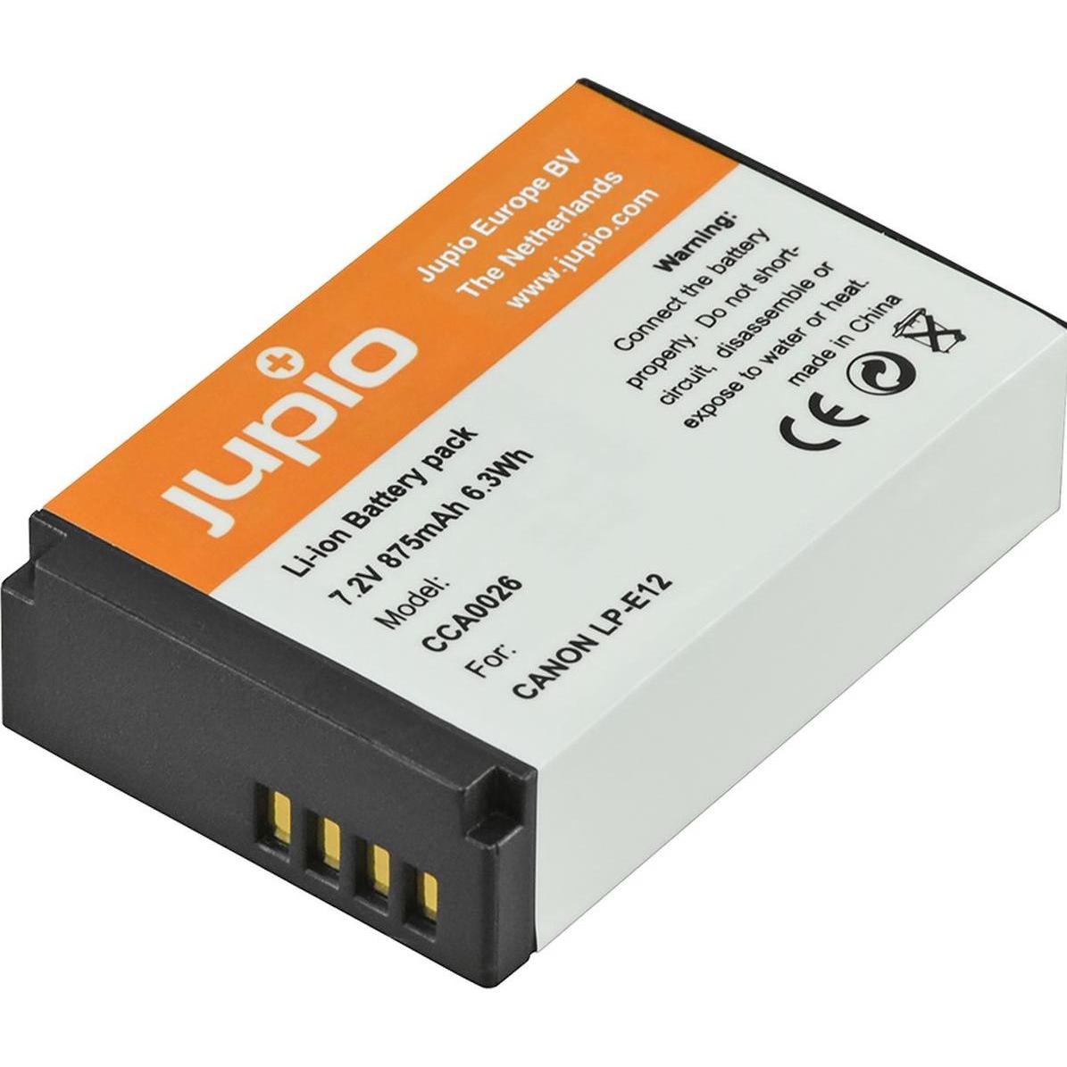 Jupio Canon LP-E12 875 mAh (Batteria della fotocamera), Alimentatore fotocamera, Nero, Bianco