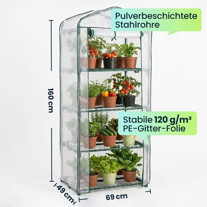 Produktbild Ideoon Folien-Gewächshaus 49x69x160 cm mit 4 Ebenen, stabiles Pflanzenanzuchthaus mit PE-Gitterfolie 120gsm