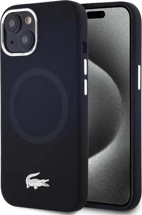 Lacoste Liquid Silicone Microfibre Silver Croc Logo MagSafe Case for iPhone 15 Black (Apple iPhone 15)