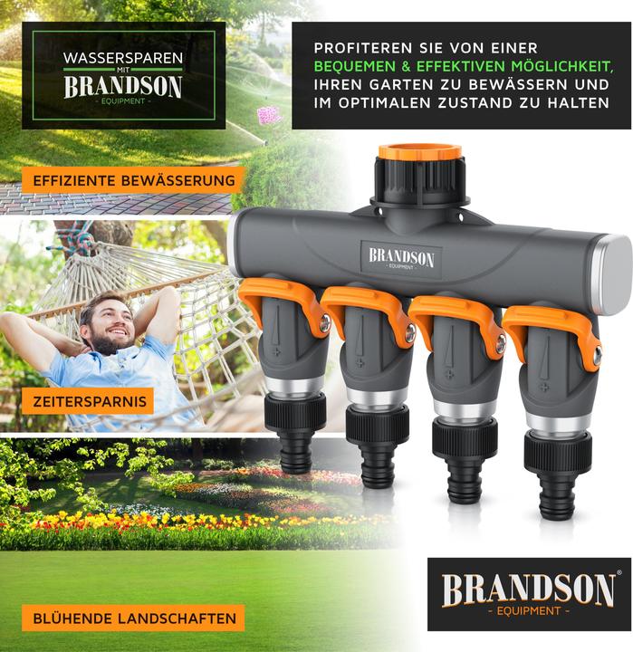 Produktbild Brandson 4-Wege Verteiler 4-fach Schlauchverteiler Gartenschlauch, schmaler Wasserverteiler, 3/4 & 1/2 Zoll (4 Wege Verteiler)