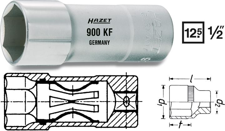 Produktbild HAZET Zündkerzen Steckschlüsseleinsatz 900AKF ∙ Vierkant12,5 mm (1/2 Zoll) ∙ Aussen Sechskant Profil… (16 mm)