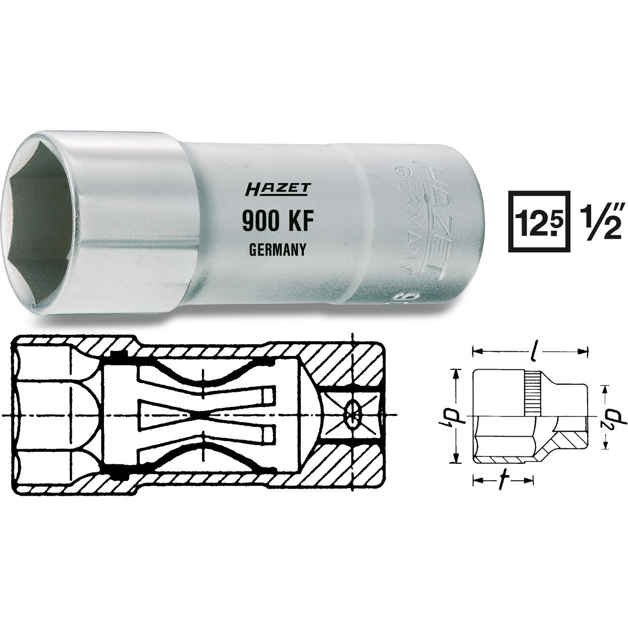 HAZET, Steckschlüssel + Stecknuss, Zündkerzen Steckschlüsseleinsatz 900KF ∙ Vierkant12,5 mm (1/2 Zoll) ∙ Aussen Sechskan...