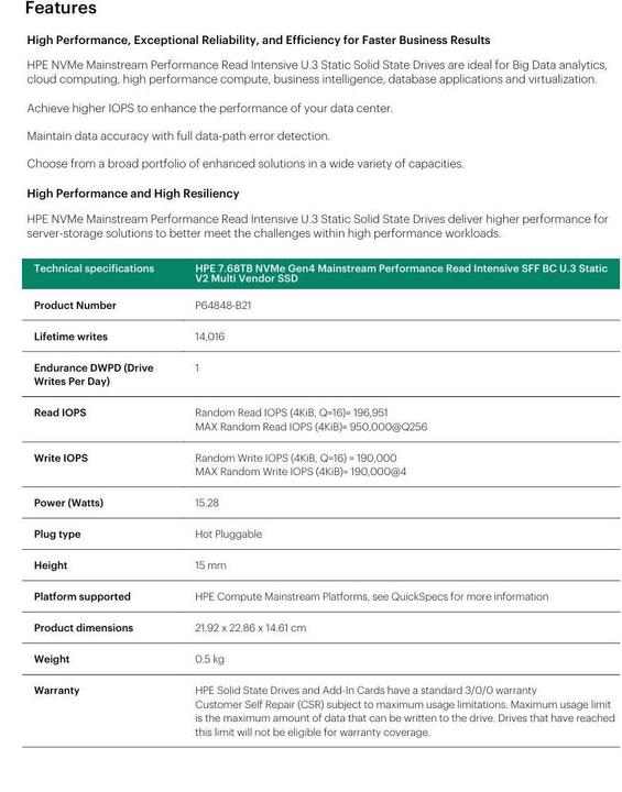Nutritional values and ingredients HPE P64848-B21, 7.68 TB, 2.5" (7680 GB, 2.5")