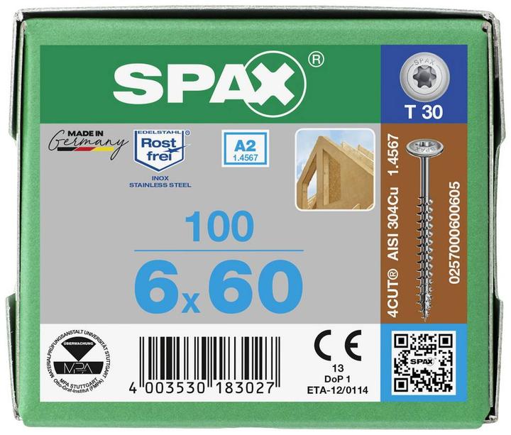 Produktbild Spax A2 Tellerkopf T-Star Plus T30 Vollgewinde (100 Schrauben pro Stück, 6 x 60 mm)