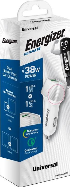 Immagine prodotto Energizer Caricabatterie da auto - Power Delivery e QC3 - 38W - 1 USB-C e 1 USB-A, argento