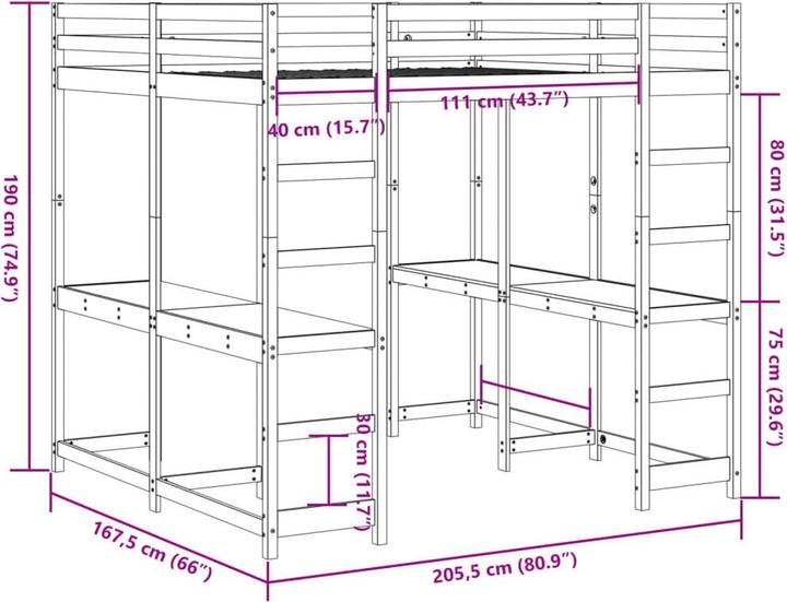 Produktbild vidaXL Hochbett mit Schreibtisch & Leiter (160 x 200 cm)