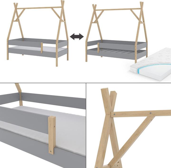 Produktbild VitaliSpa Tipi-Bett Bali, Grau, 80x160 cm mit Matratze (80 x 160 cm)